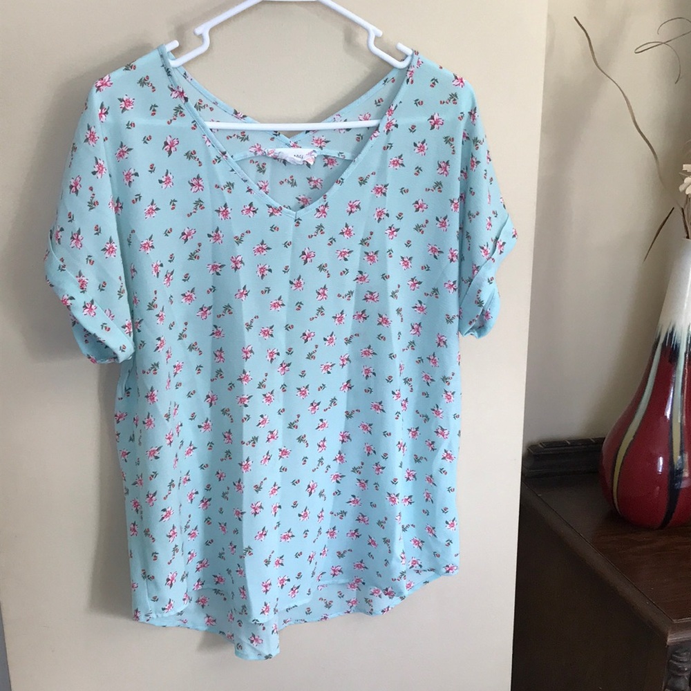 Pink Rose floral short sleeve blouse size Large